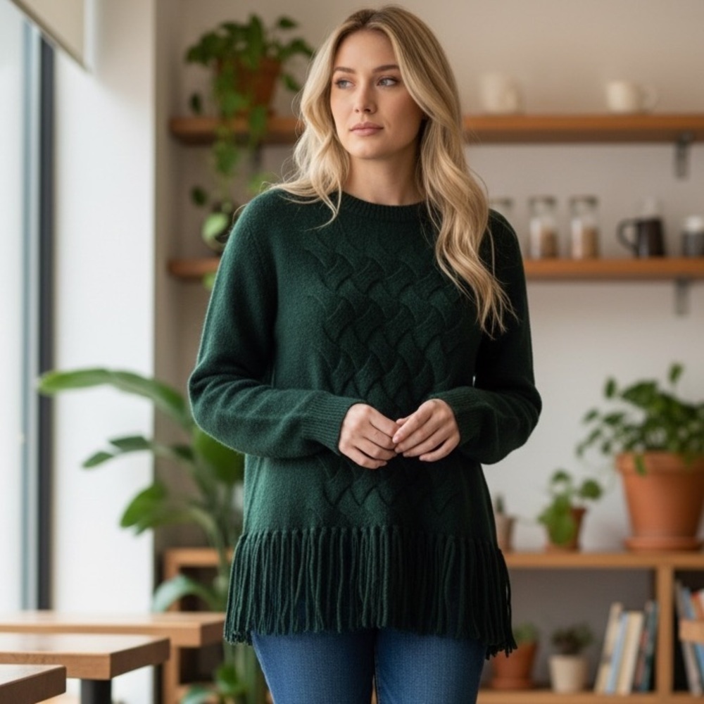 AKRIS Punto 795 Basketweave Fringe Sweater